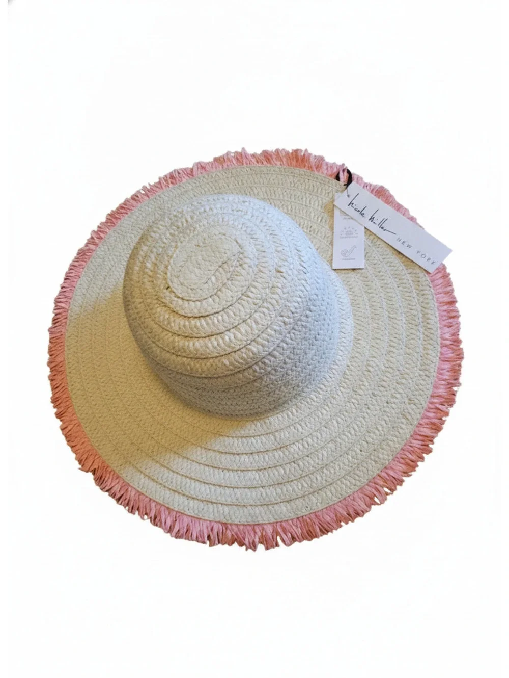 Nicole Miller New York Wide Brim Sun Hat Stone Coral Pink Fringe One Size NWT